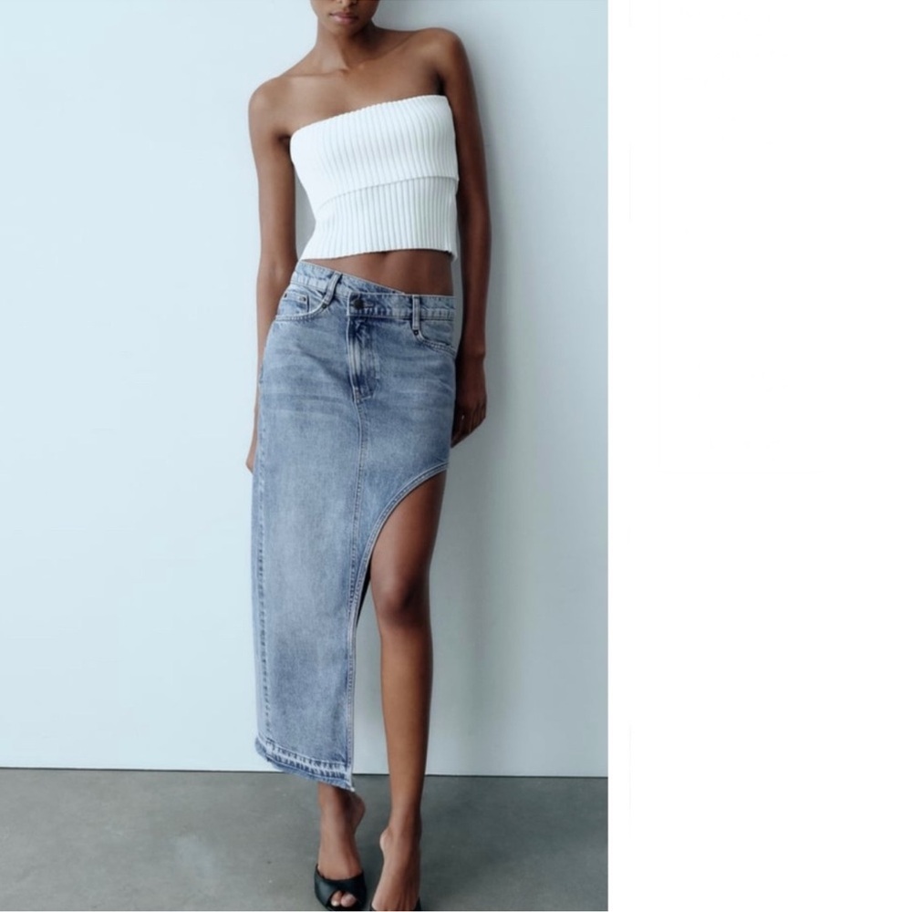 Zara ZW Cutout Denim Skirt Classic Jean Asymmetrical Midi High Rise Blue‎ S